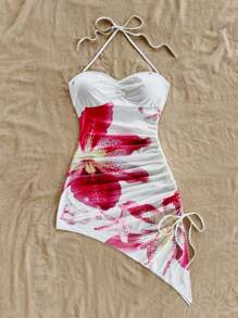 Soleia Vestido mini con escote halter, fruncido y estampado floral, para vacaciones de estilo informal