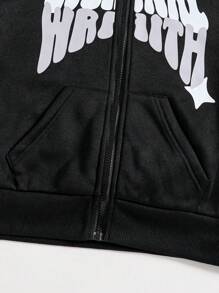 SHEIN Explorewe 青少年女孩连帽时尚图案印花羊毛套头衫，暗黑朋克街头时尚秋冬款 - 黑色 - 查看 6