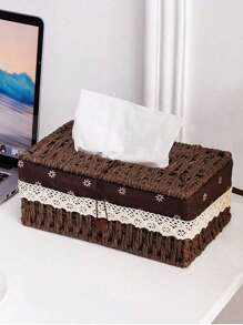 1pc Woven Tissue Box Holder, Rectangular Covered Tissue Box, Rattan Wicker Tissue Box Holder, Bohemian Style Decorative Woven Tissue Dispenser