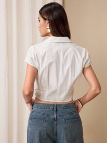 SHEIN Unity 女士优雅纯色 V 领系带短款衬衫 - 白色 - 查看 2