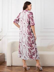 Lacomfia Women's Loose Ink Painting Print Long Sleeve Dress - Burgundy - View 2