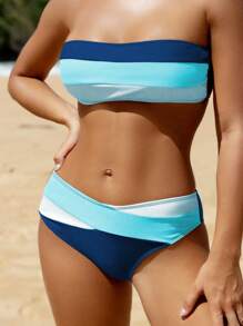 Swim Vcay Conjunto de bikini de mujer con Top tipo bandeau a rayas, traje de baño sexy - Celeste - Ver 1