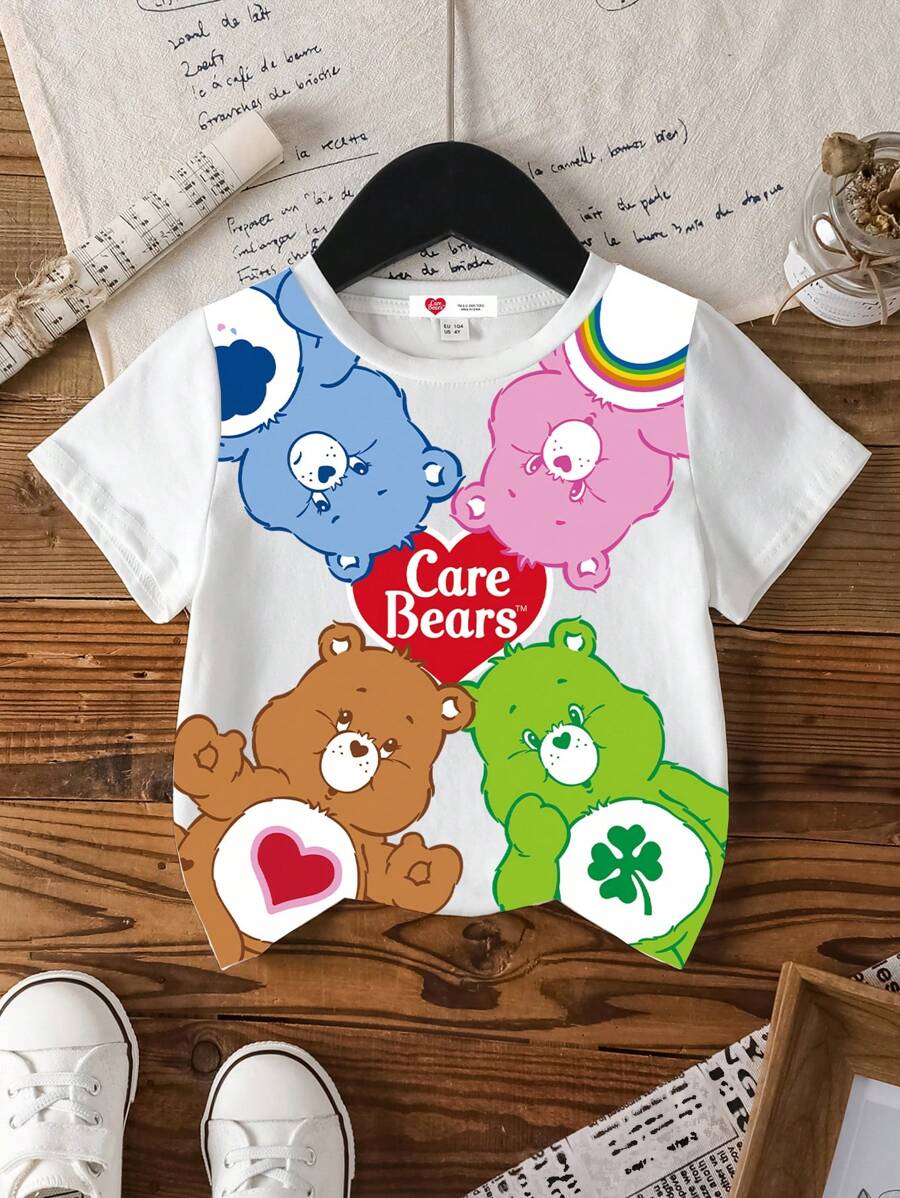 SHEIN X Care Bears Young Girl All-Over Print White Round Neck T-Shirt, Comfortable Casual Cute Bear Cartoon Design, Summer