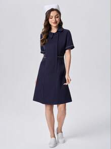 TaskEZ Anti-Wrinkle Fabric Short Sleeve Color Block Collared Maxi Nurse Dress For Women