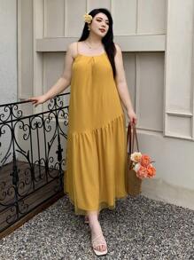 Dazy Plus Vestido maxi de verano para playa con abertura en la espalda, estilo holgado, unicolor, vestido con volantes para mujer, vestido amarillo, ropa de mujer, vestidos de verano