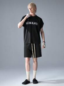 NEON BLANC T-shirt à col rond à manches courtes avec imprimé lettres en feuille d'argent, style de rue pour hommes, convient pour l'été - Noir - Voir 7