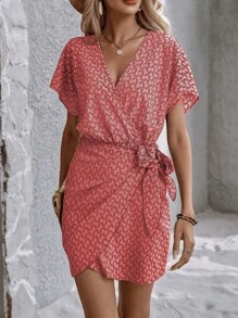 Chiquease Women's Full Print Batwing Sleeve Wrap Dress For Summer - Orange - View 3