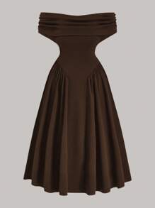 SHEIN Belle Plus Size Elegant Off-The-Shoulder Little Black Midi Dress, Formal Gown For Wedding, Women