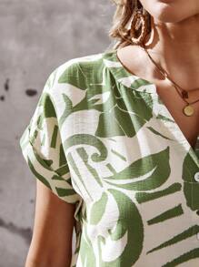 EMERY ROSE Women's Summer Casual Short Sleeve V-Neck ,All-OverPrint Button Front Mid-Length Vacation Dress - Multicolor - View 7