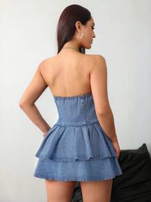 SHEIN ICON Women's Blue Denim Dress Strapless Cake Dress Sexy Music Festival Outfits Women Summer Clothes Cowgirl Outfit