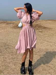 DAZY Women's Round Neck Waist Cinched Hollow Out Puff Sleeve Mid-Length Dress,Ruffle - Pink - View 8