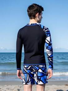 SHEIN Teen Boys Fashion Print Rash Guard, Long Sleeve Surfing Swimsuit
