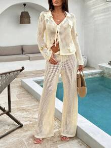 EURMUSE 女士夏季钩针海滩度假春季度假装波西米亚风纯棉白色派对太阳裙套装女式两件套沙滩装 - 米色 - 查看 5