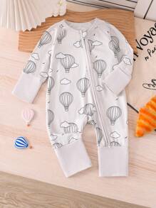 Infant/Toddler Boys' Minimalist Hot Air Balloon Print Long Sleeve Jumpsuit, Comfortable Stretch, Contrast Color Trim, Spring/Summer/Autumn/Winter - Beige - View 3
