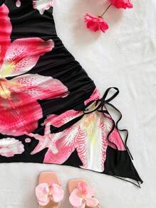Soleia Váy thường ngày buộc dây phía trước họa tiết hoa, thời trang tối giản phù hợp cho mùa hè - màu đen - Xem 5