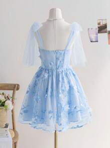 Soleia Vacation Women Romantic Floral Printed Mesh Layered Bowknot Mini Dress With A-Line Silhouette, Fit For Afternoon Tea Or Date,Summer Dresses For Women - Baby Blue - View 2