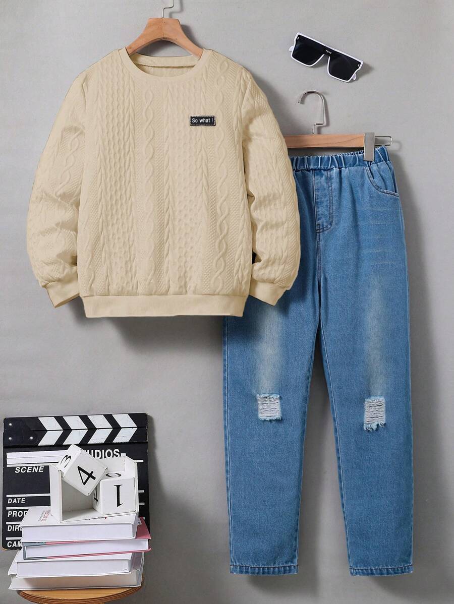 SHEIN 2pcs Boys' Casual Textured Fabric Sweatshirt And Denim Pants Set - Brown - View 1