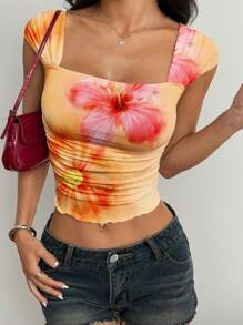 SHEIN EZwear 1 件露肩花卉印花褶皱修身衬衫，适合夏季、海滩、假日、音乐节 - 彩色 - 查看 5