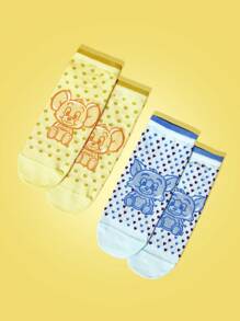 TOM & JERRY X SHEIN 2 Pasang Kaos Kaki Pendek Wanita Lembut Motif Polkadot Kartun yang Lucu - MultiWarna - View 2