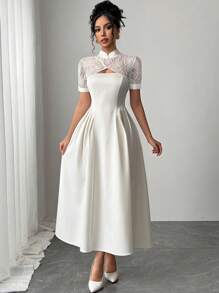 Firerie Elegant Minimalist Delicate Romantic Commute & Daily Vacation Outfits Woman Lace Patchwork Puff Sleeve Gathered Waist Mid-Calf White Dress, For Women - White - View 2