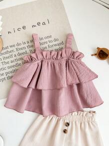 Babygirl Cute Ruffled Spaghetti Strap Vest And Shorts Summer Vacation Set