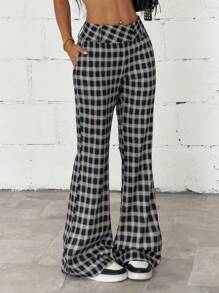 SHEIN Unity 女式低腰格子长裤，长款休闲/办公装，秋季 - 黑與白 - 查看 5