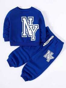 Young Boy Letter Graphic Sweatshirt & Drawstring Waist Sweatpants - Blue - View 3