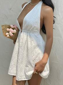 Sunnyshic Unique Sleeveless Hollow Embroidery Backless Halter Neck Dress
