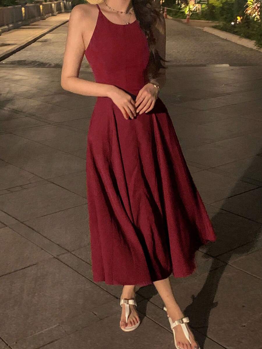 DAZY 女士纯红色收腰喇叭下摆长连衣裙，休闲女装度假装 - 酒紅色 - 查看 1