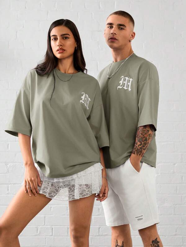 Manfinity Unisex Unisex Casual Loose Embroidered Graphic Knitted Round Neck Short Sleeve T-Shirt, Suitable For Everyday Wear, Summer