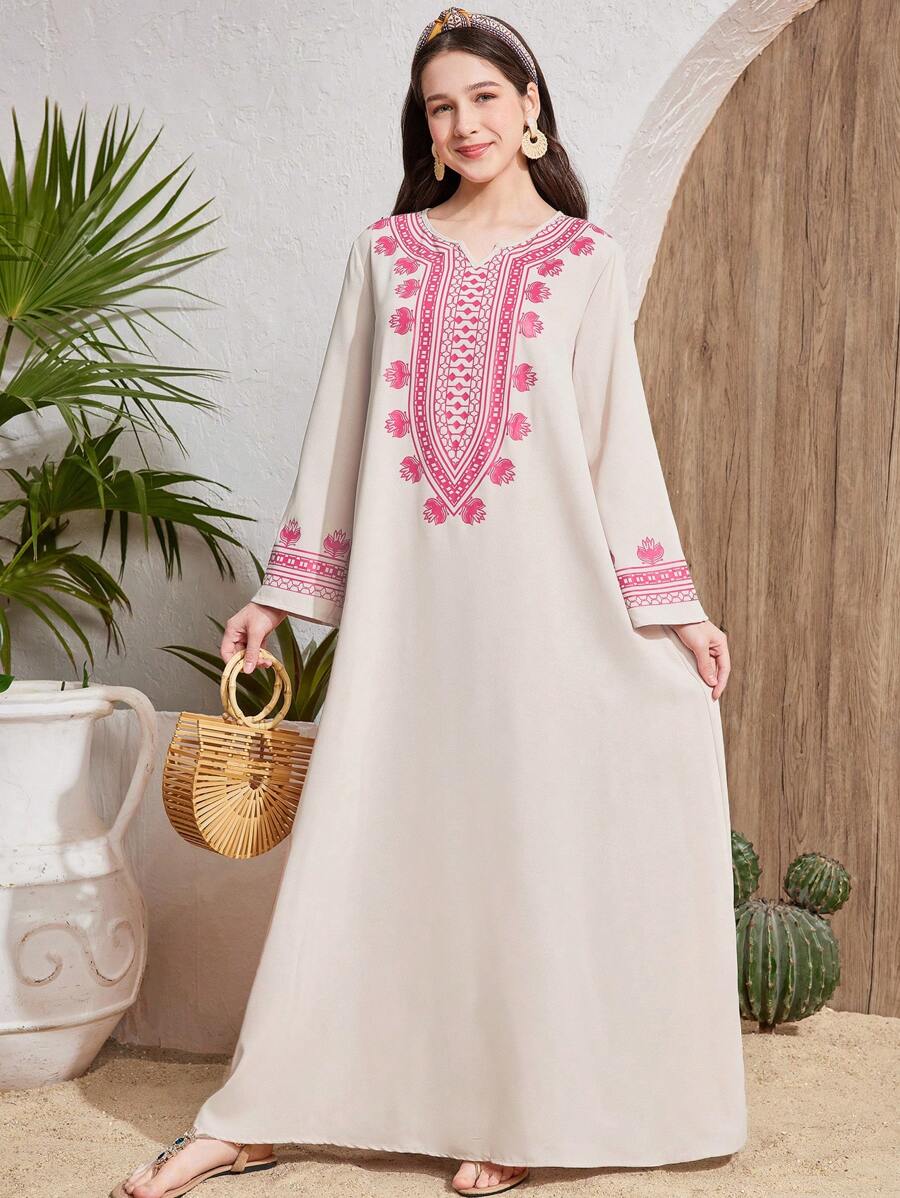 SHEIN Leap Crew Apricot Pattern Print Long Robe, Teen Girls Summer Vacation Wear, Spring/Summer - Apricot - View 1