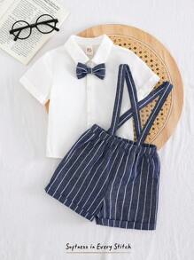 Cozy Pixies 2pcs Baby Boy Outfits: Bowknot Collar Short Sleeve Shirt And Elastic Waist Shorts Suit Set