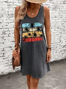 SHEIN LUNE Semplice vestito estivo casual con stampa di palme, adatto per le vacanze