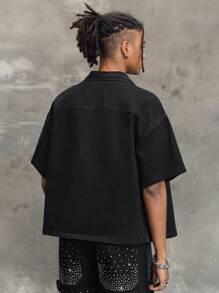 ROMWE MEN Street Life Chemise décontractée en denim ample à simple boutonnage avec décoration de strass pour hommes - Noir - Voir 7