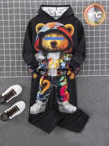 SHEIN Bộ 2 áo hoodie in hình gấu phong cách đường phố thường ngày cho trẻ em/bé trai và quần jogger in hình dáng rộng rãi, thích hợp mặc đi học, đi làm vườn, đi biển, sinh nhật, mùa xuân, mùa hè, mùa thu, mùa đông, chất liệu nỉ dày dặn - màu đen - Xem 4