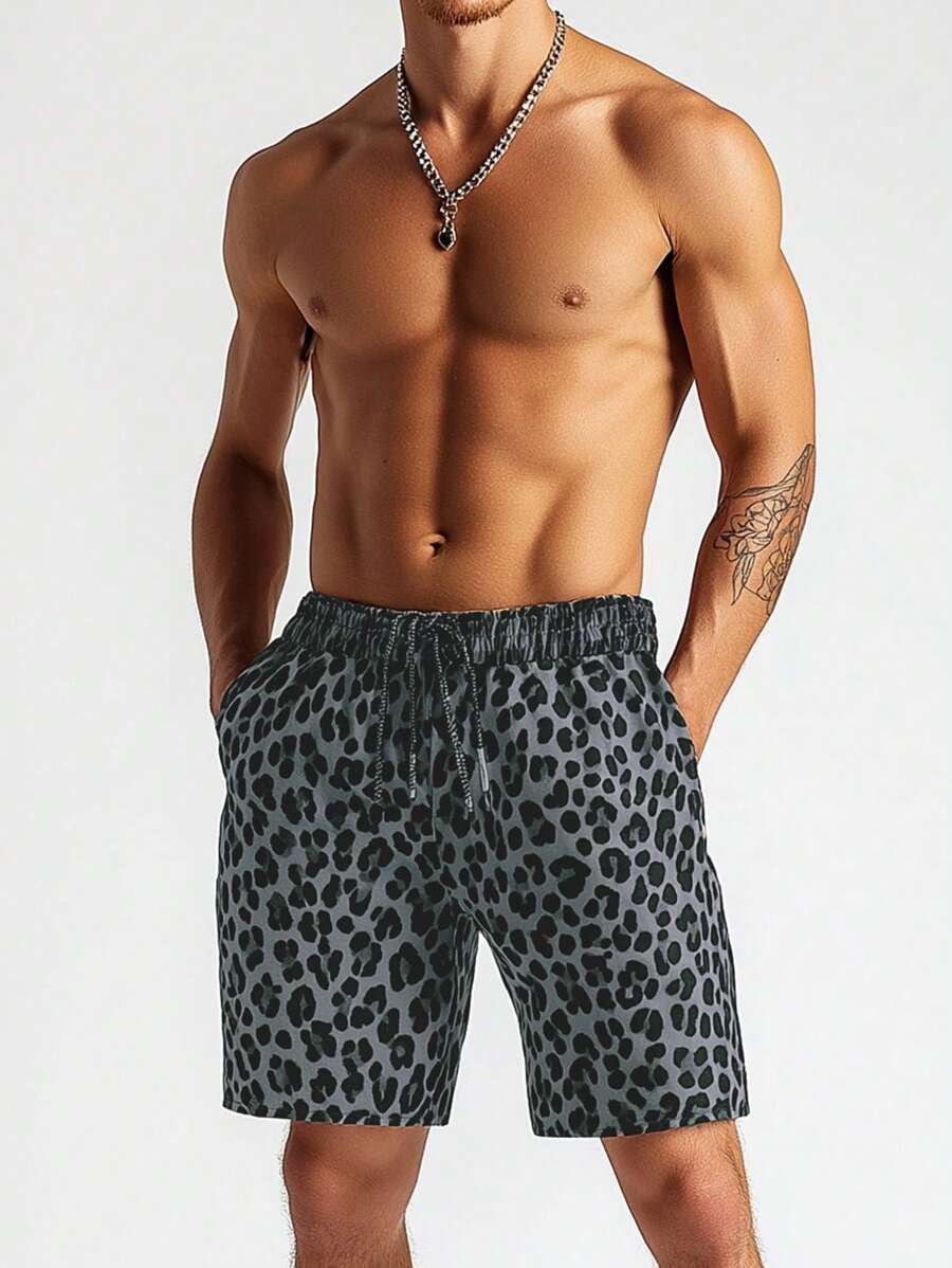 Manfinity Homme Quần short họa tiết da báo thường ngày mùa hè dành cho nam - Xám - Xem 1