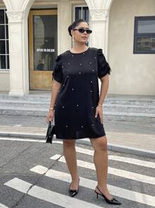 Flirla Plus Size Solid Color Faux Pearl Decor Elegant Short Sleeve Dress - Black - View 3