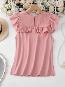 INAWLY Plus Size Vacation Casual Solid Color Embroidery Patchwork Ruffle Trim T-Shirt