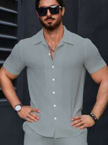 Manfinity Homme 男士纯色短袖单排扣休闲商务衬衫 - 霧霾藍 - 查看 7