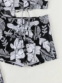 Swim Mod Bộ bikini in họa tiết cây nhiệt đới dành cho nữ kèm áo choàng kimono, trang phục đi biển mùa hè - màu đen - Xem 4