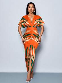 SOLERSUN Women's Elegant Printed V-Neck Split Thigh Bodycon Party Dress For Spring/Summer Holiday - Orange - View 5