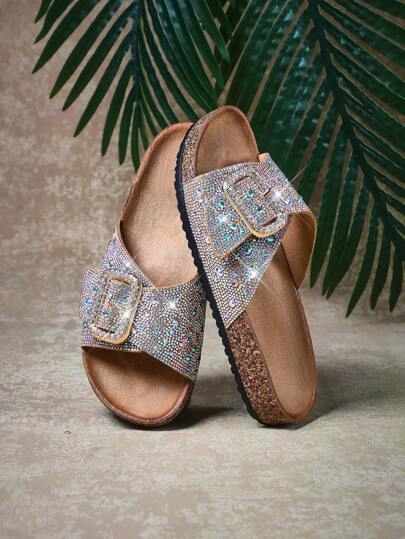 SHUZIA Women's Full Rhinestone Big Buckle Open Toe Cork Champagne Sandals - Luxe, Sparkly & Comfortable Valentine's Day