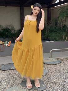 Dazy Plus Vestido maxi de verano para playa con abertura en la espalda, estilo holgado, unicolor, vestido con volantes para mujer, vestido amarillo, ropa de mujer, vestidos de verano