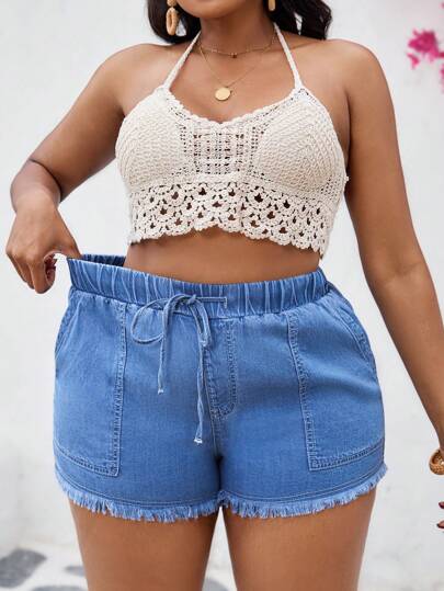 Slaydiva Plusstorlek Blå Jeansshorts med Resår och Åtsittande Midja Sommar, Semesterkvinna, Påsk, Vår, Western, Kontor För Kvinnor, Rave, Babyshower, Cottagecore, Landsbygdskvinnor, För Kvinnor, Nashville, Examen, Westernkläder