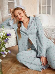 CottageSlumber 2pcs Ditsy Floral Ruffle Trim Collared Top & Pants Sleepwear Pajama Set Holiday Season, Bountiful Floral Splendor, Fall Winter Clothes Cozy And Elegant Details - Multicolor - View 7