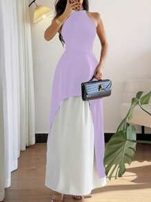 Gloray Elegant Lavender Summer Tea Party Women's Suit,X-Design Collar Sleeveless Short Front Long Back Halter Shirt With White Elastic Waist Long Dress - Purple - View 6