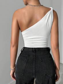 Zolique Women's Solid Color Knot Ruched Bodysuit - White - View 2