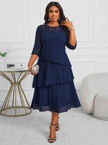 SHEIN Lady 办公室连衣裙女商务职业蓝色镂空袖蕾丝拼接荷叶边分层中长连衣裙教师秋季蕾丝四季优雅女装蕾丝连衣裙秋季 - 寶藍色 - 查看 6