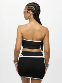 SUMWON WOMEN Saia Mini Franzida de Praia com Faixa de Contraste, Roupa de Resort, Férias, Cobertura para Festival de Verão, Cruzeiro, Roupa de Praia Casual, Festa - Preto - Visão 5