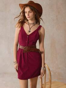 SHEIN LUNE Slant Pocket Button Front Corduroy Overall Dress Without Sweater - Burgundy - View 4